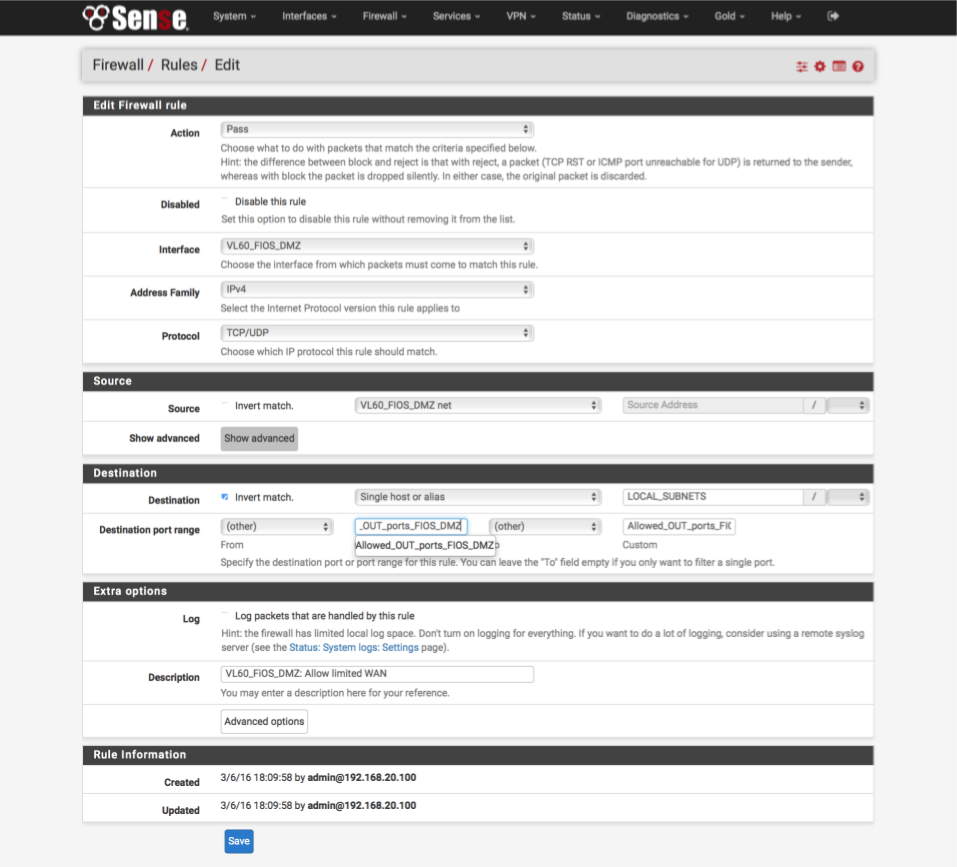 Verizon DMZ firewall rule